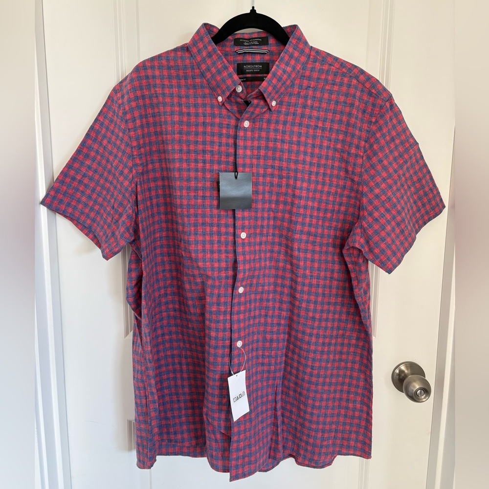 Nordstrom Men’s Shop XL Red Chateaux Gingham Short Sleeve Shirt NWT